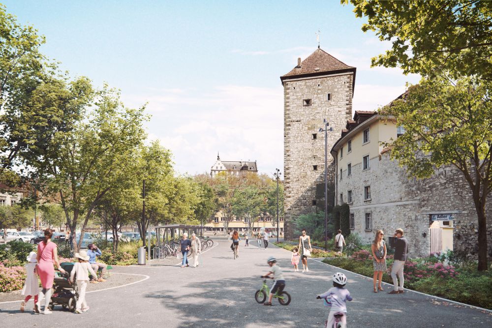 Visualisierung Platz vor Schwabentor nach Umbau. Mit Klick vergrössern.