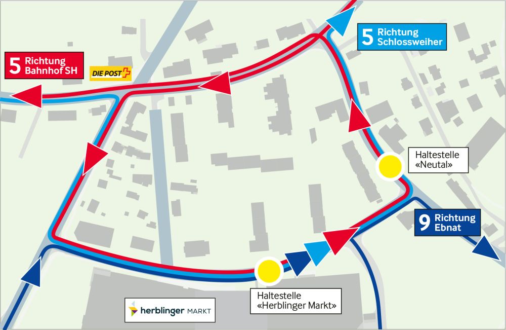 Quartierplan mit Busrouten. Buslinie 5 Richtung Schaffhausen Bahnhof fährt aufgrund des Einbahnverkehrs an der Gennersbrunnerstrasse eine Zusatzschlaufe um das Brüel-Quartier.