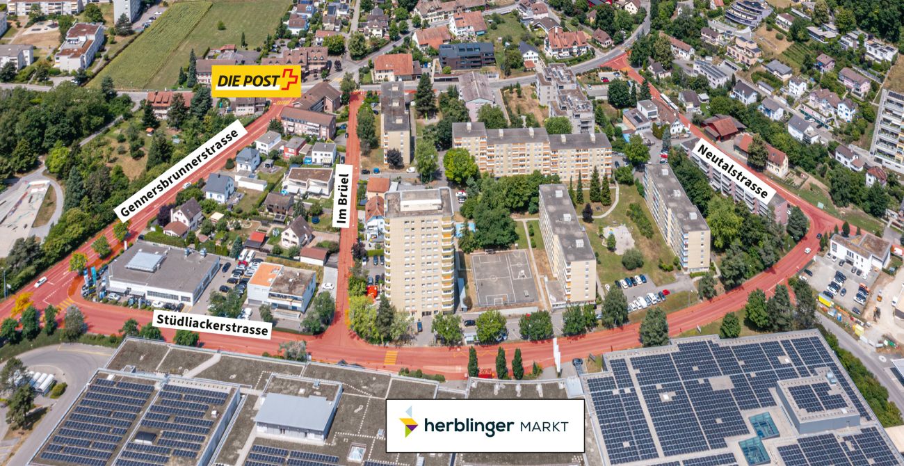 Drohnenaufnahme mit dem Projektperimeter: Gennersbrunnerstrasse, Stüdliackerstrasse, Neutalstrasse und «Im Brüel»