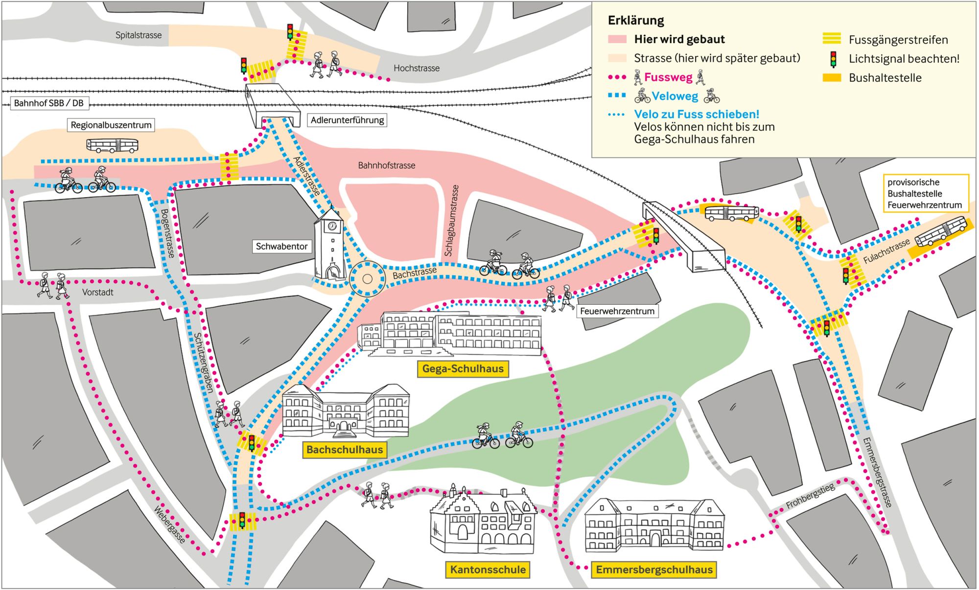 Situationsplan Fusswege und Velowege. Mit Klick vergrössern.