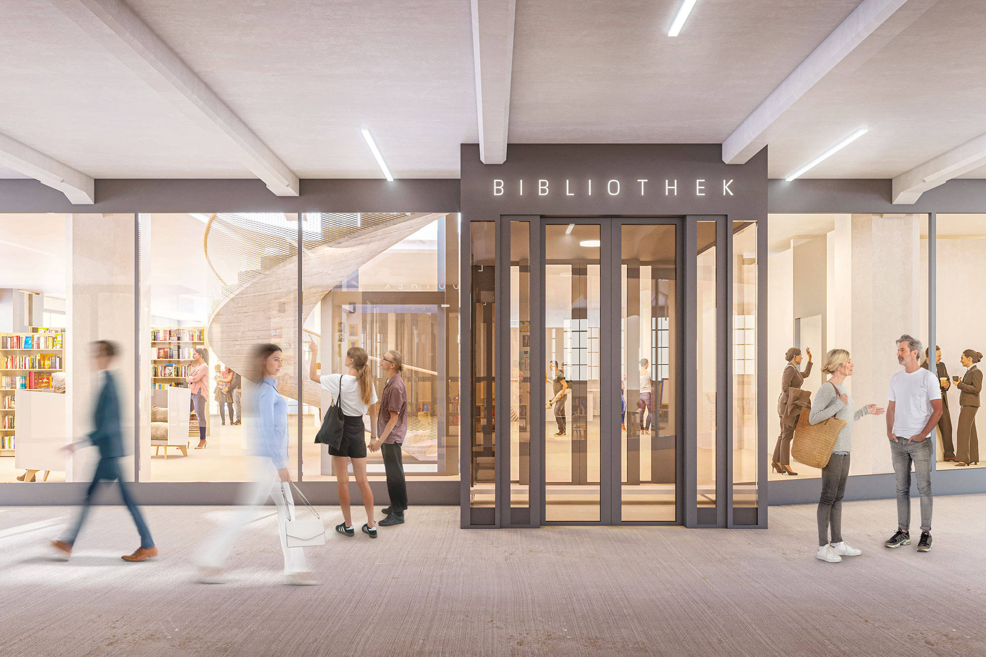Bild Visualisierung zeigt die Bibliothek mit einer einladenden Glasfront und einer automatischen Schiebetüre. Durch die Glasfassade wird eine Verbindung zwischen Innen- und Außenraum hergestellt.