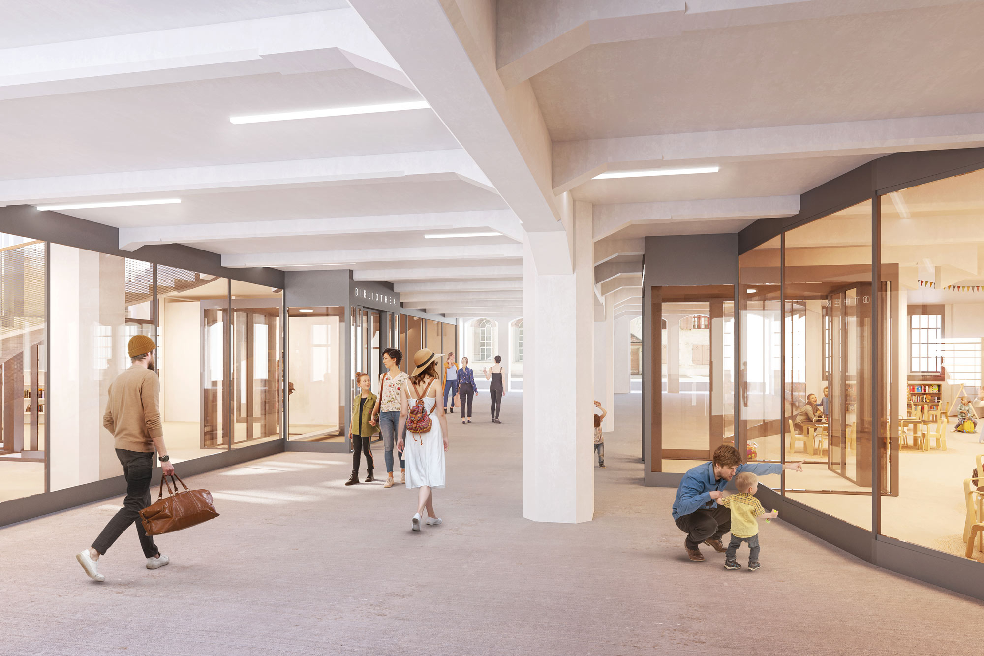 Bild Visualisierung zeigt den modernen Durchgang des Erdgeschosses mit der Anordnung von Bibliothek und Ludothek an der Passage zum Hof. Die beiden Einrichtungen sind durch eine Glasfront vom Durchgangsbereich getrennt.