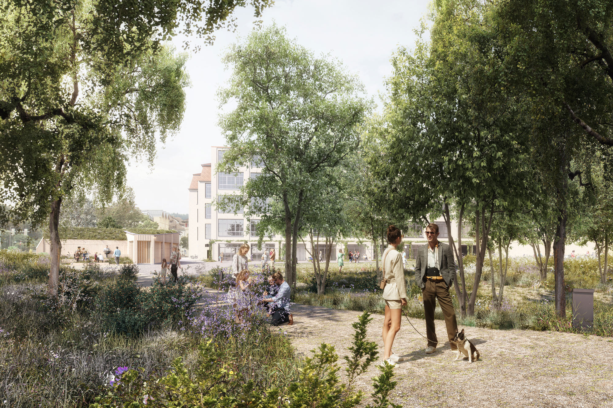 Bild Visualisierung zeigt den Kammgarnhof aus einer weiteren Perspektive. Grünflächen, Bäume, Wege und Sitzgelegenheiten sind zu erkennen.