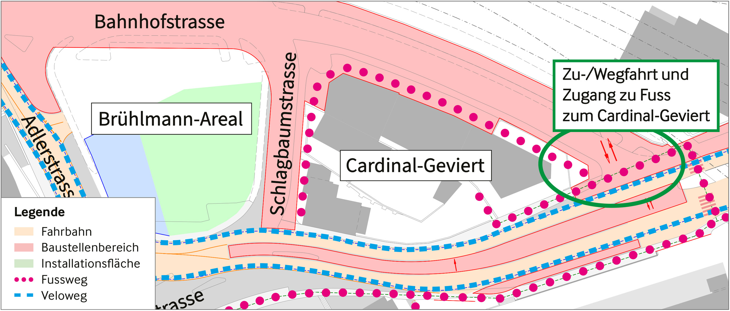 Situationsplan Zugang und Zufahrt Cardinal-Geviert. Mit Klick vergrössern.