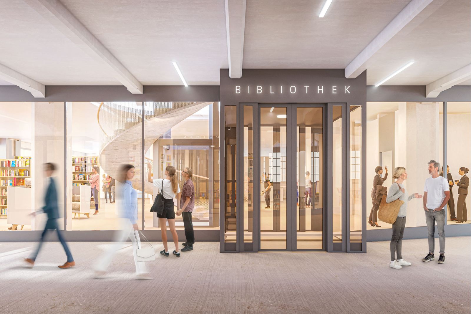 Bild Visualisierung zeigt die Bibliothek mit einer einladenden Glasfront und einer automatischen Schiebetüre. Durch die Glasfassade wird eine Verbindung zwischen Innen- und Außenraum hergestellt.