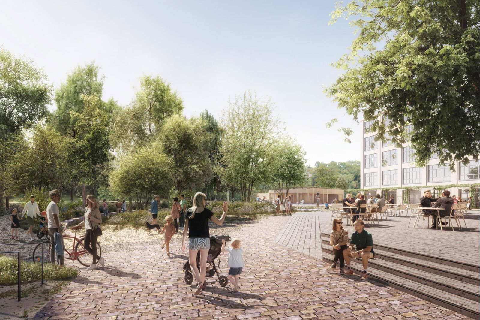 Bild Visualisierung zeigt den Kammgarnhof. Statt versiegelter Flächen für Autos sind Bäume und Sitzgelegenheiten zu erkennen, die den Hof in einen attraktiven Aufenthaltsbereich verwandeln.