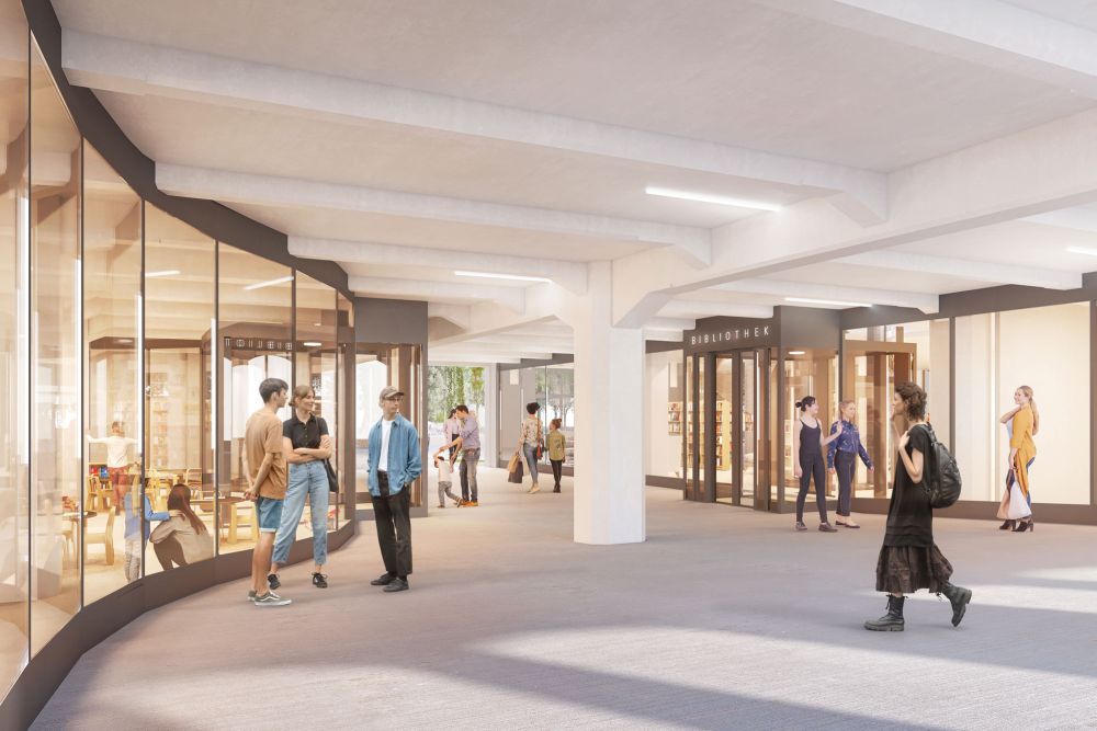 Bild Visualisierung zeigt den modernen Durchgang des Erdgeschosses mit der Anordnung von Bibliothek und Ludothek an der Passage zum Hof. Die beiden Einrichtungen sind durch eine Glasfront vom Durchgangsbereich getrennt.