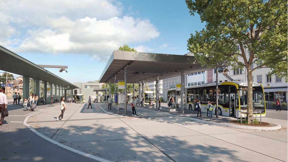 Blick auf das Regionalbuszentrum von der Bahnhofstrasse