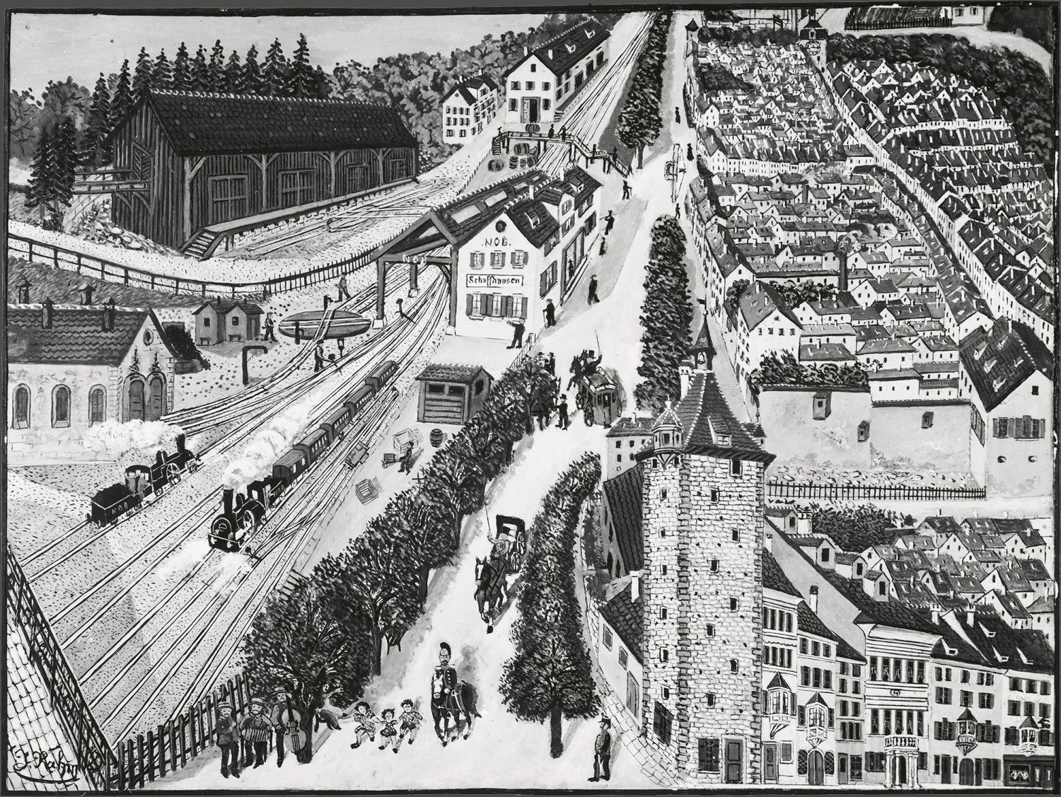 Das Bild zeigt eine schwarz-weisse Handzeichnung der Bahnhofstrasse Schaffhausen von <time datetime="1866">1866</time> mit dem ersten Bahnhof der Schweizerischen Nordostbahn. Eine Dampflokomotive mit 5 Personenwagen fährt aus dem Bahnhof ab. Bahnarbeiter be- und entladen Güter. Auf der Bahnhofstrasse sind eine Pferdekutsche und ein Pferdefuhrwerk unterwegs. Daneben reihen sich die herrschaftlichen Häuser der Altstadt von Schaffhausen mit ihren Erkern auf. Gut sichtbar sind das Obertor und das Schwabentor weiter hinten. Die Zeichnung ist perspektivisch aufgebaut, und auch wenn diese etwas aus dem Massstab fällt, ist das Bild erstaunlich detailgetreu.
