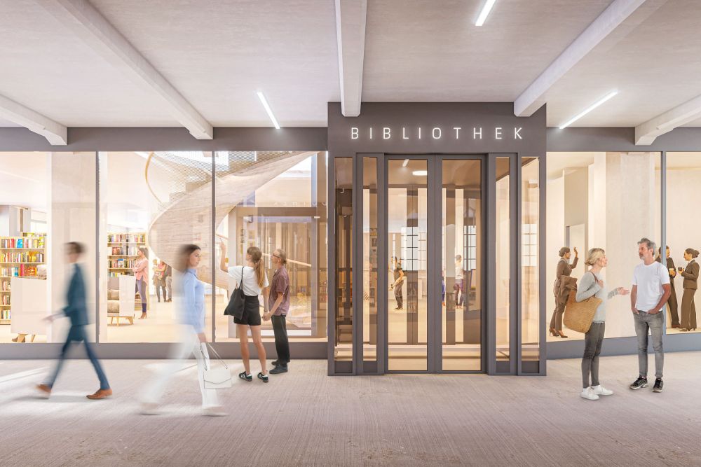 Bild Visualisierung zeigt die Bibliothek mit einer einladenden Glasfront und einer automatischen Schiebetüre. Durch die Glasfassade wird eine Verbindung zwischen Innen- und Außenraum hergestellt.