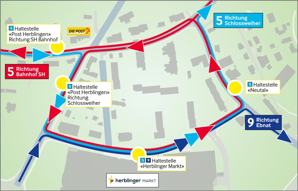 Quartierplan mit Busrouten. Buslinie 5 Richtung Schaffhausen Bahnhof fährt aufgrund des Einbahnverkehrs an der Gennersbrunnerstrasse eine Zusatzschlaufe um das Brüel-Quartier.