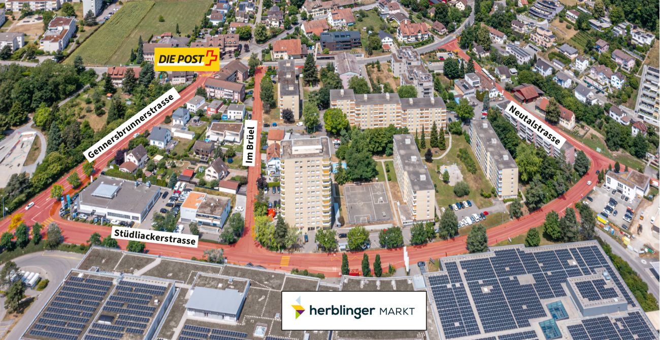 Drohnenaufnahme mit dem Projektperimeter: Gennersbrunnerstrasse, Stüdliackerstrasse, Neutalstrasse und «Im Brüel»