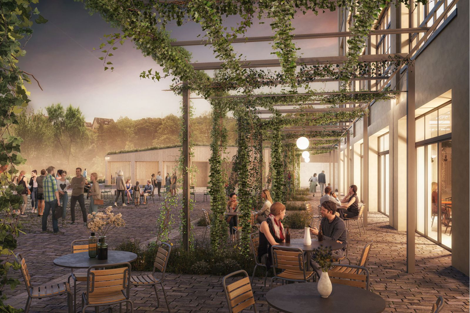 Bild Visualisierung zeigt eine Nahaufnahme des Westflügels. Ein attraktiv gestalteter Aussenbereich mit Pergola ist zu erkennen. An den Tischen unter der Pergola sitzen Menschen in lockerer Kleidung, die sich offenbar angeregt unterhalten und die Atmosphäre im Freien geniessen.