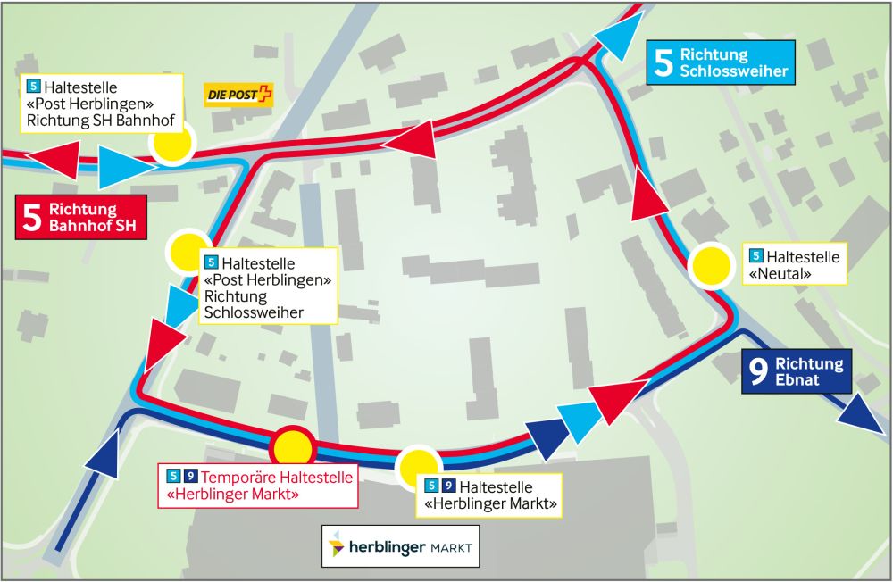Quartierplan mit Busrouten. Buslinie 5 Richtung Schaffhausen Bahnhof fährt aufgrund des Einbahnverkehrs an der Gennersbrunnerstrasse eine Zusatzschlaufe um das Brüel-Quartier.