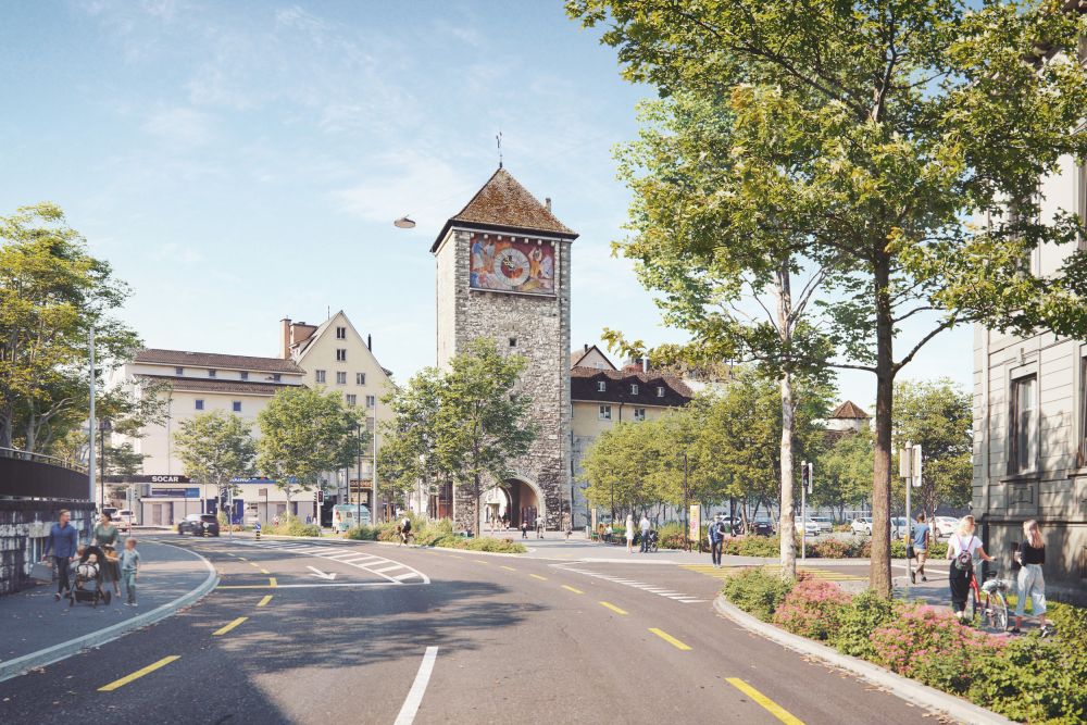 Visualisierung: Blick aufs Schwabentor von der Bachstrasse.