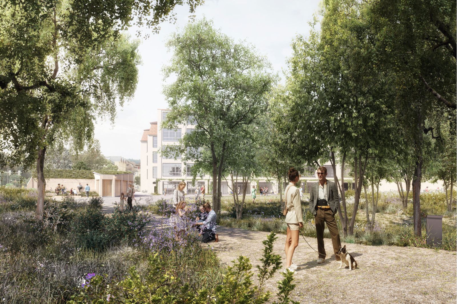 Bild Visualisierung zeigt den Kammgarnhof aus einer weiteren Perspektive. Grünflächen, Bäume, Wege und Sitzgelegenheiten sind zu erkennen.